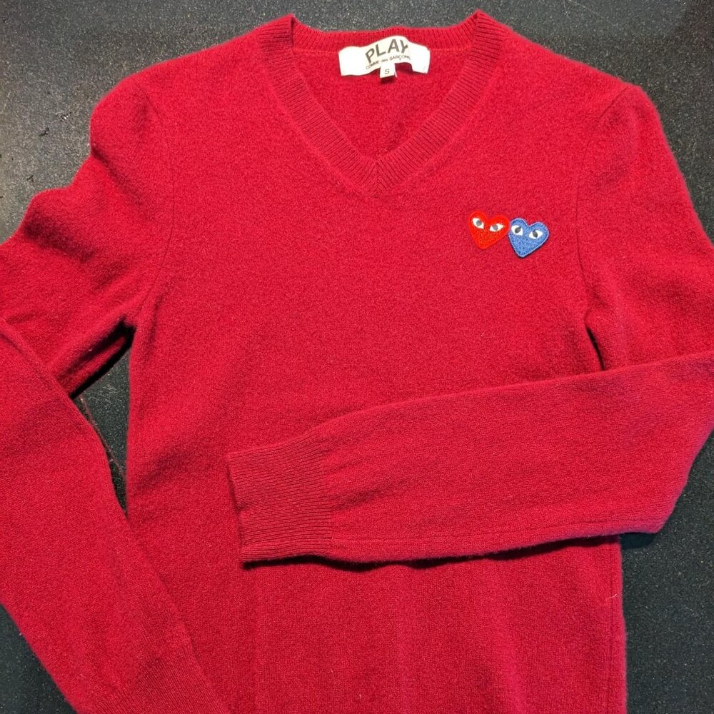 COMME des GARCONS CDG PLAY V-Neck Wool Hearts Sweater Burgundy S Small Japan